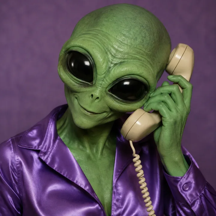 A glamorous green alien holding a telephone
