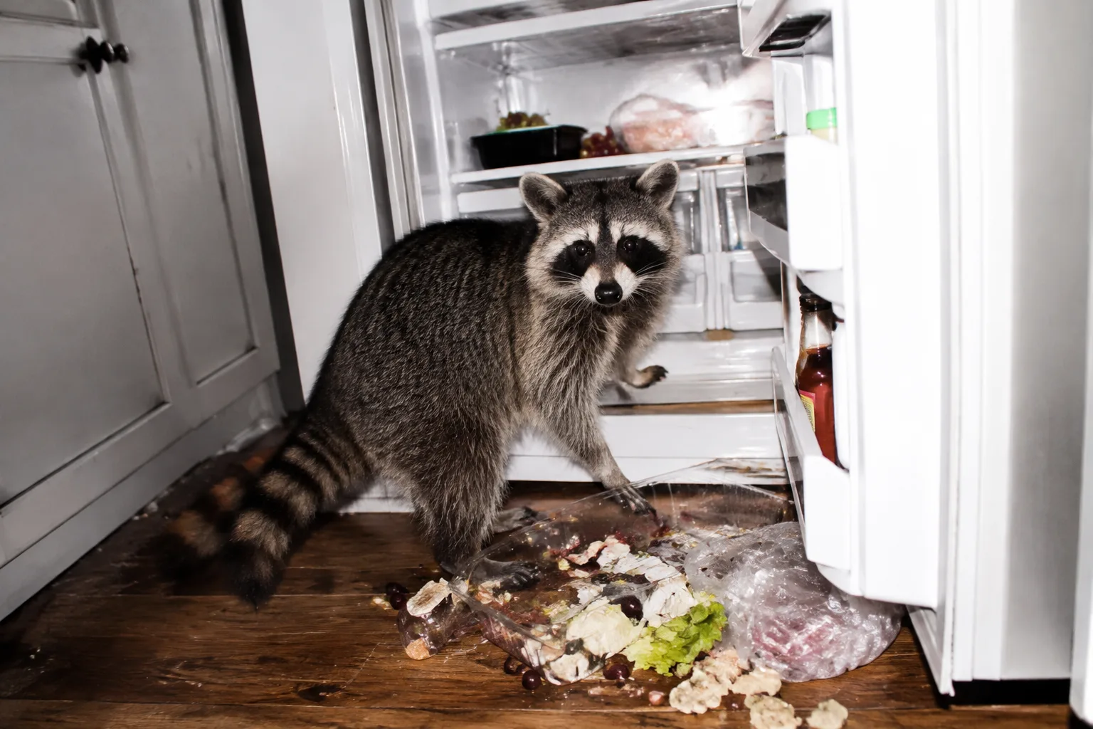A raccoon caught raiding a refrigerator at midnight